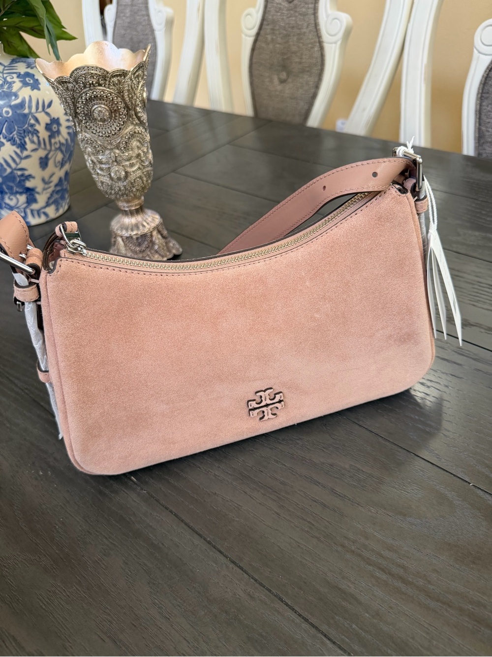 Tory Burch Blush Suede Thea Shoulder Bag with Logo Detail